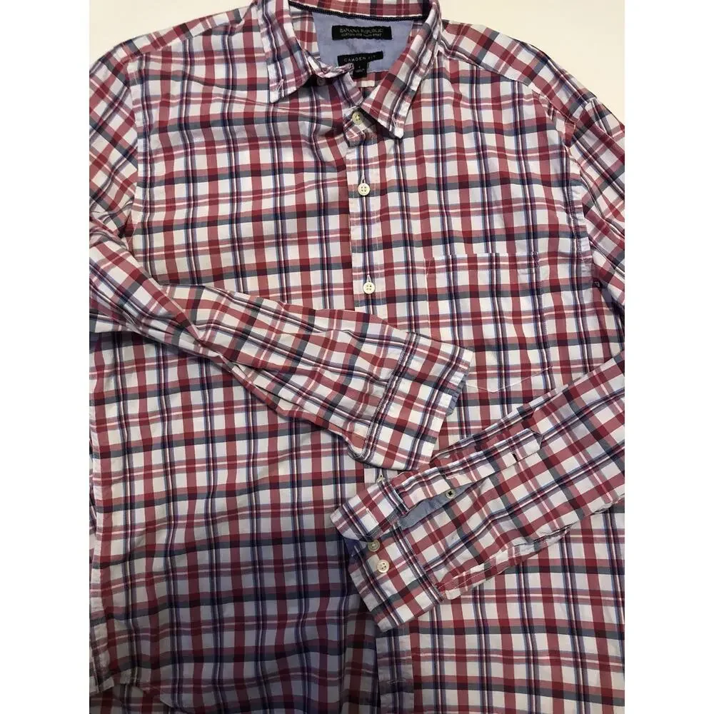 Banana Republic Shirt Mens Large Button Up Check Plaid Red Blue Long Sleeve A5